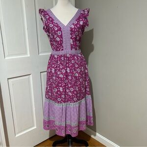 LOFT Floral Border Ruffle Midi Dress 6P